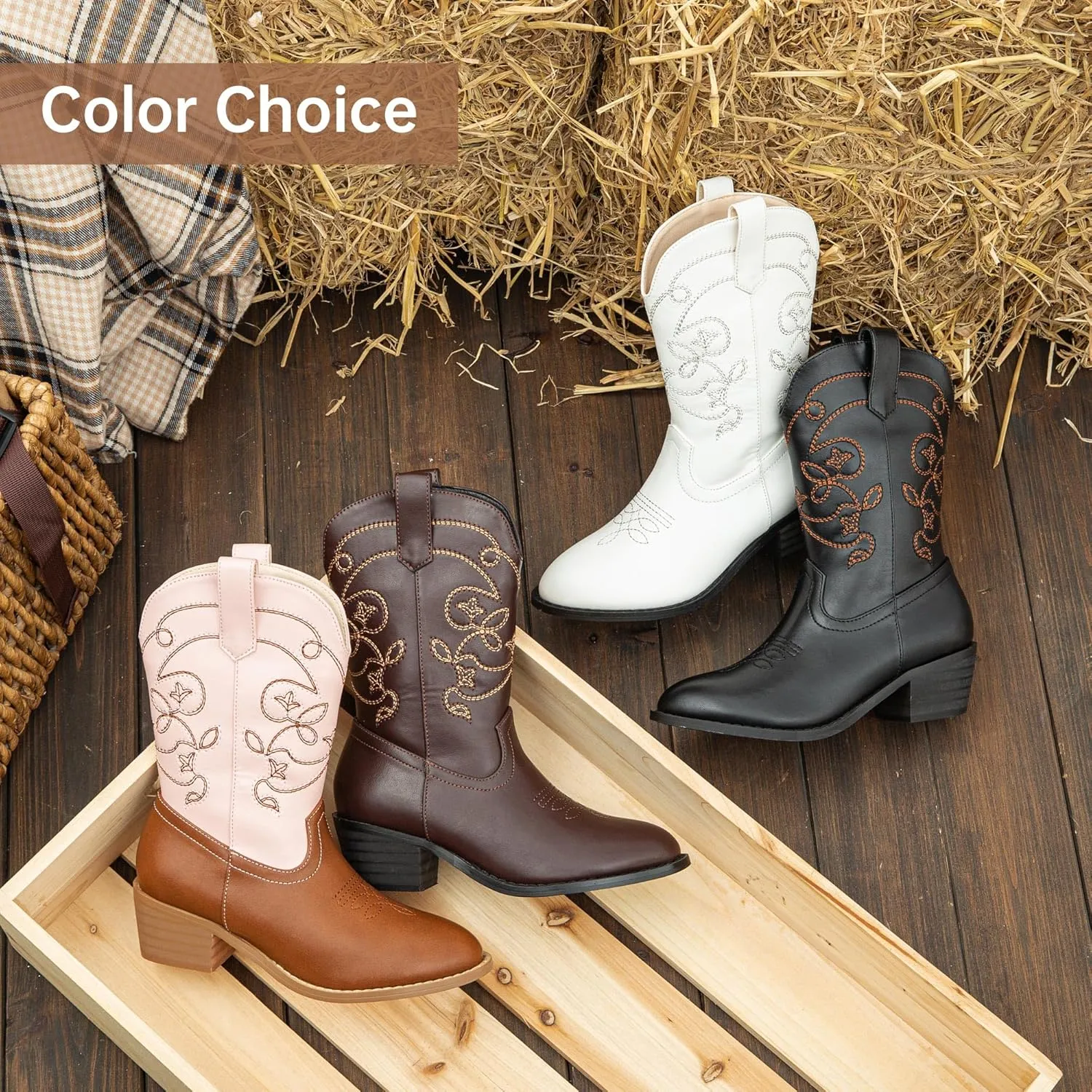 Girls Cowboy Boots Pull On Cowgirl Boots Pointed Toe Mid Calf Western Boots for Little Kid Big Kid