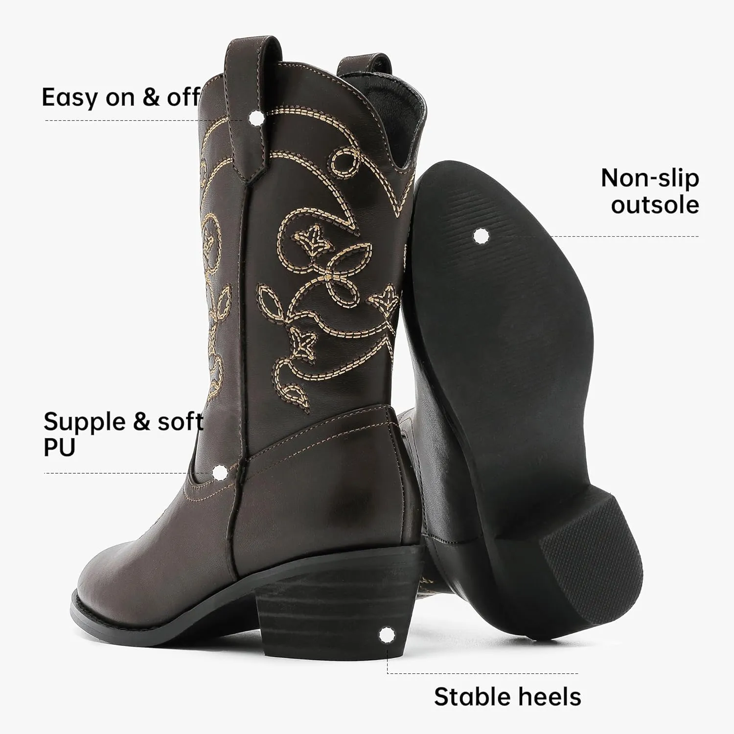 Girls Cowboy Boots Pull On Cowgirl Boots Pointed Toe Mid Calf Western Boots for Little Kid Big Kid