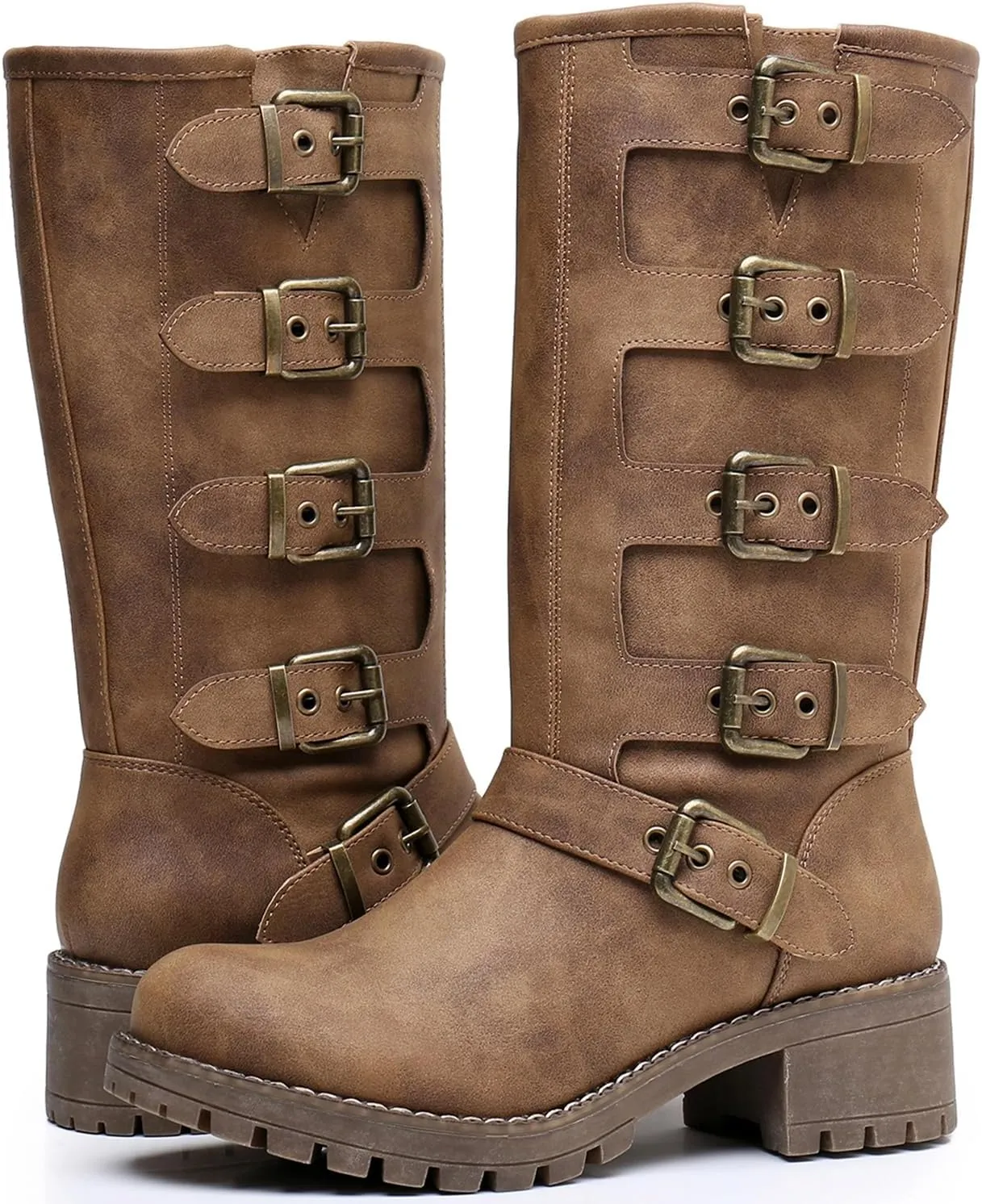 GLOBALWIN Chunky Mid Calf Fashion Dressy Motocycle Biker Military Style Combat Boots for Women Low Heel