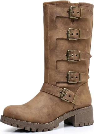 GLOBALWIN Chunky Mid Calf Fashion Dressy Motocycle Biker Military Style Combat Boots for Women Low Heel