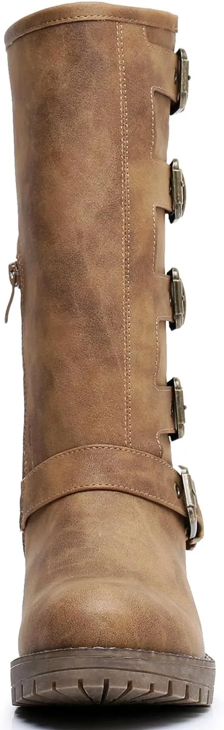 GLOBALWIN Chunky Mid Calf Fashion Dressy Motocycle Biker Military Style Combat Boots for Women Low Heel
