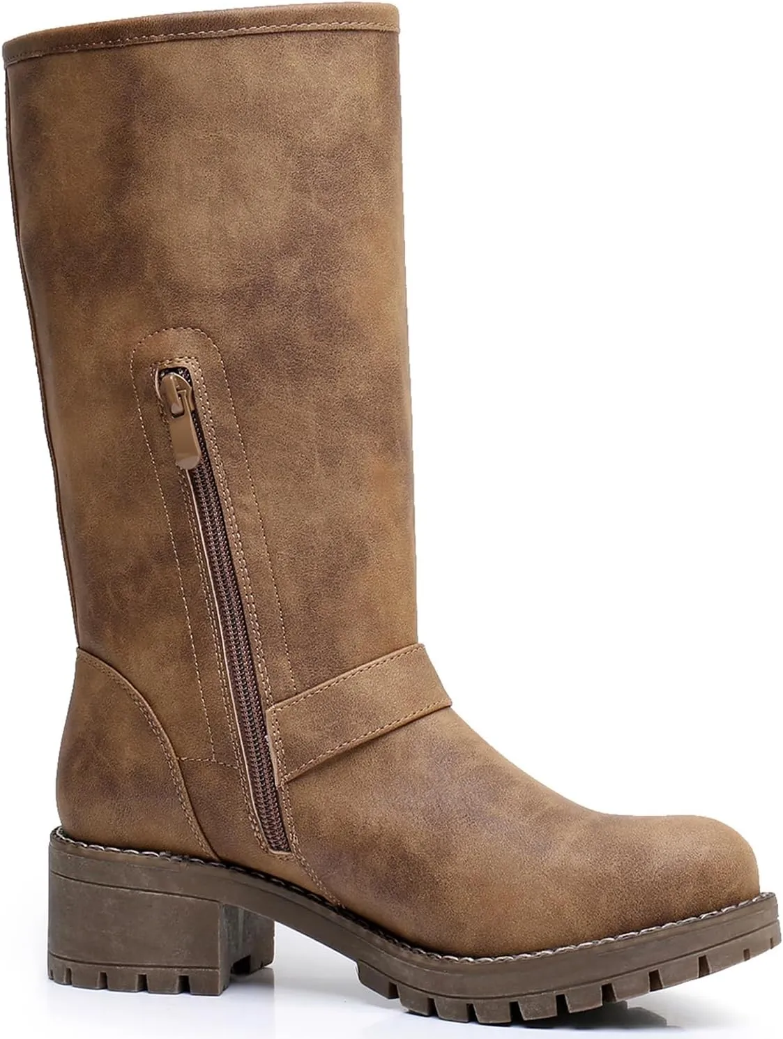 GLOBALWIN Chunky Mid Calf Fashion Dressy Motocycle Biker Military Style Combat Boots for Women Low Heel