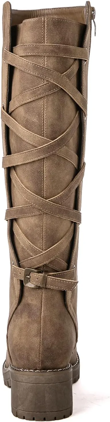GLOBALWIN Women's Strappy Motorcycle Knee High Boots Riding Boots Back Lace Up Fall Winter Fashion Knee High Boots For Women