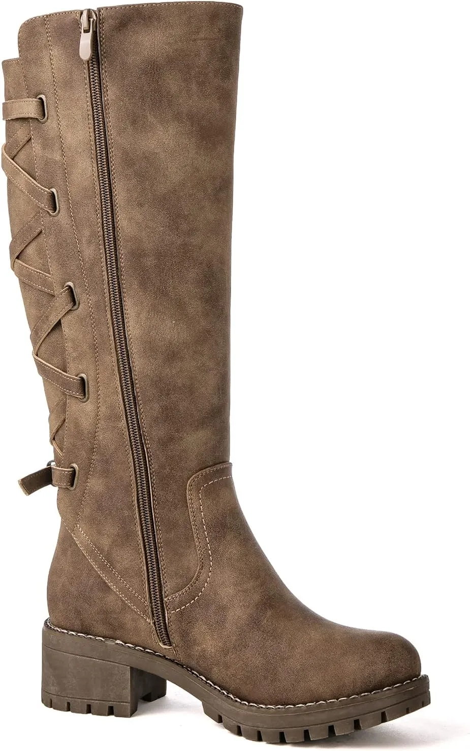 GLOBALWIN Women's Strappy Motorcycle Knee High Boots Riding Boots Back Lace Up Fall Winter Fashion Knee High Boots For Women