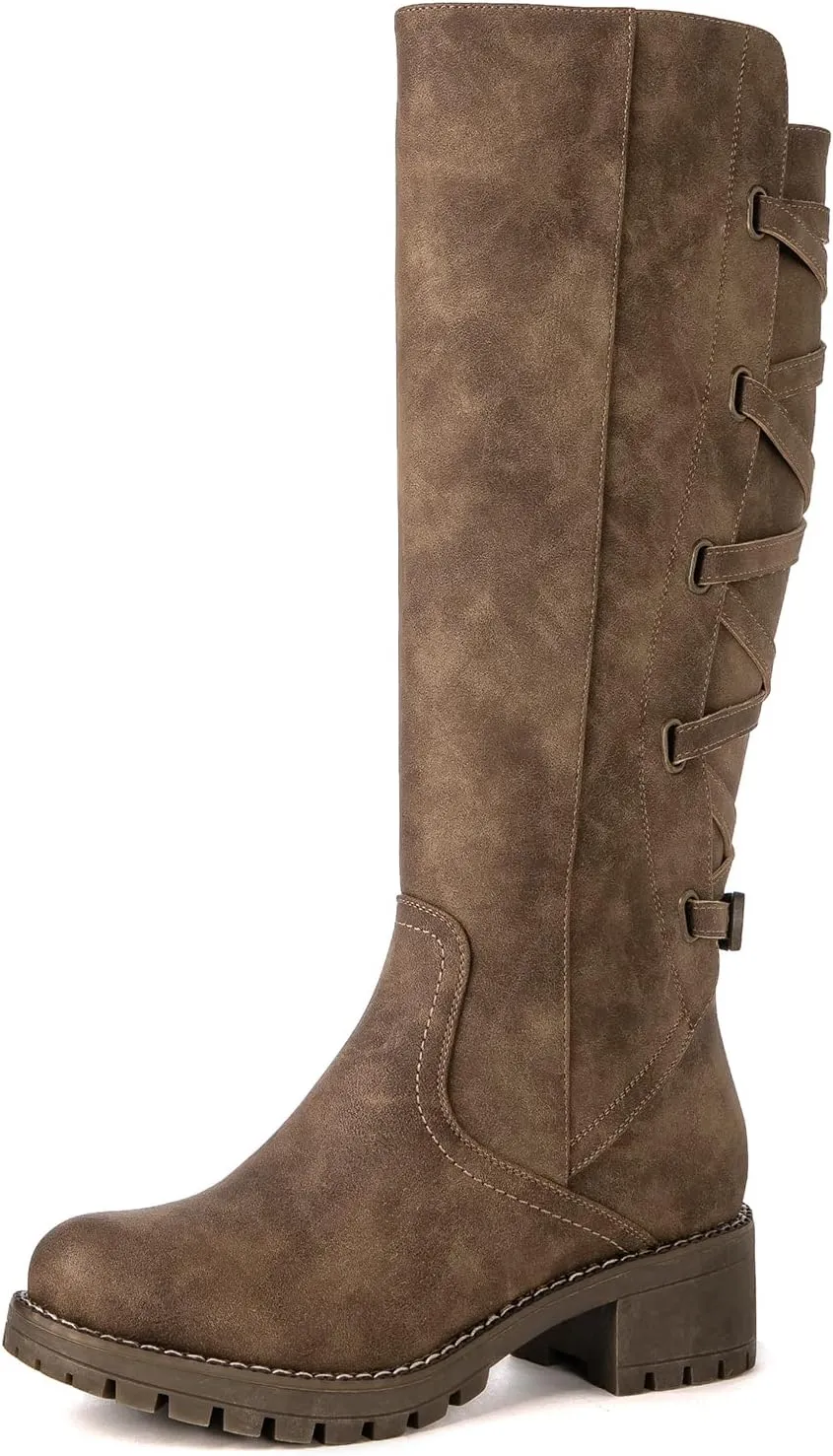 GLOBALWIN Women's Strappy Motorcycle Knee High Boots Riding Boots Back Lace Up Fall Winter Fashion Knee High Boots For Women