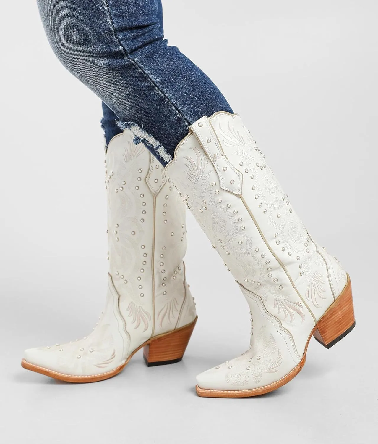 Goolita Pearl Cowboy Boots For Women Pointed Toe Stacked Chunky Heel Western Knee High Boots with Retro Embroidered Classic Slip On Wedding Cowgirl Boots