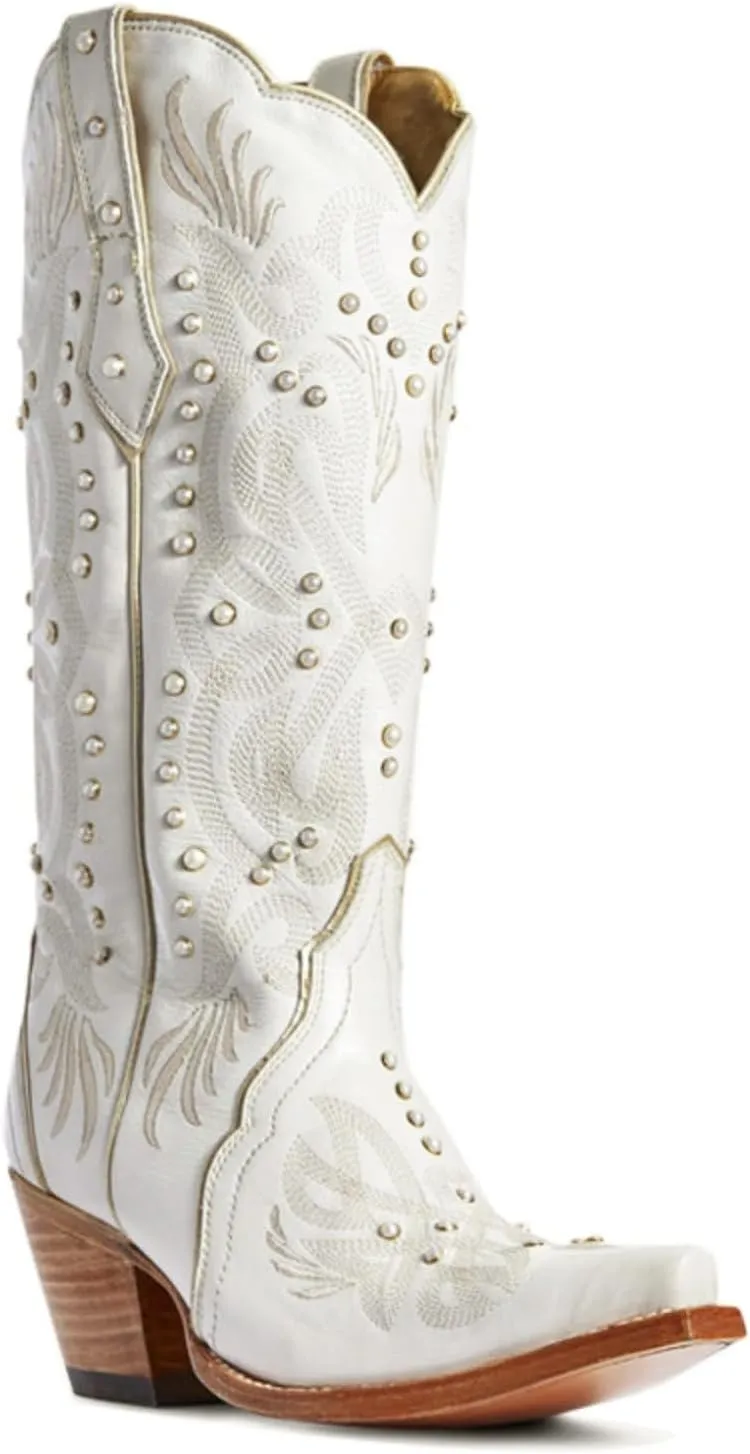 Goolita Pearl Cowboy Boots For Women Pointed Toe Stacked Chunky Heel Western Knee High Boots with Retro Embroidered Classic Slip On Wedding Cowgirl Boots