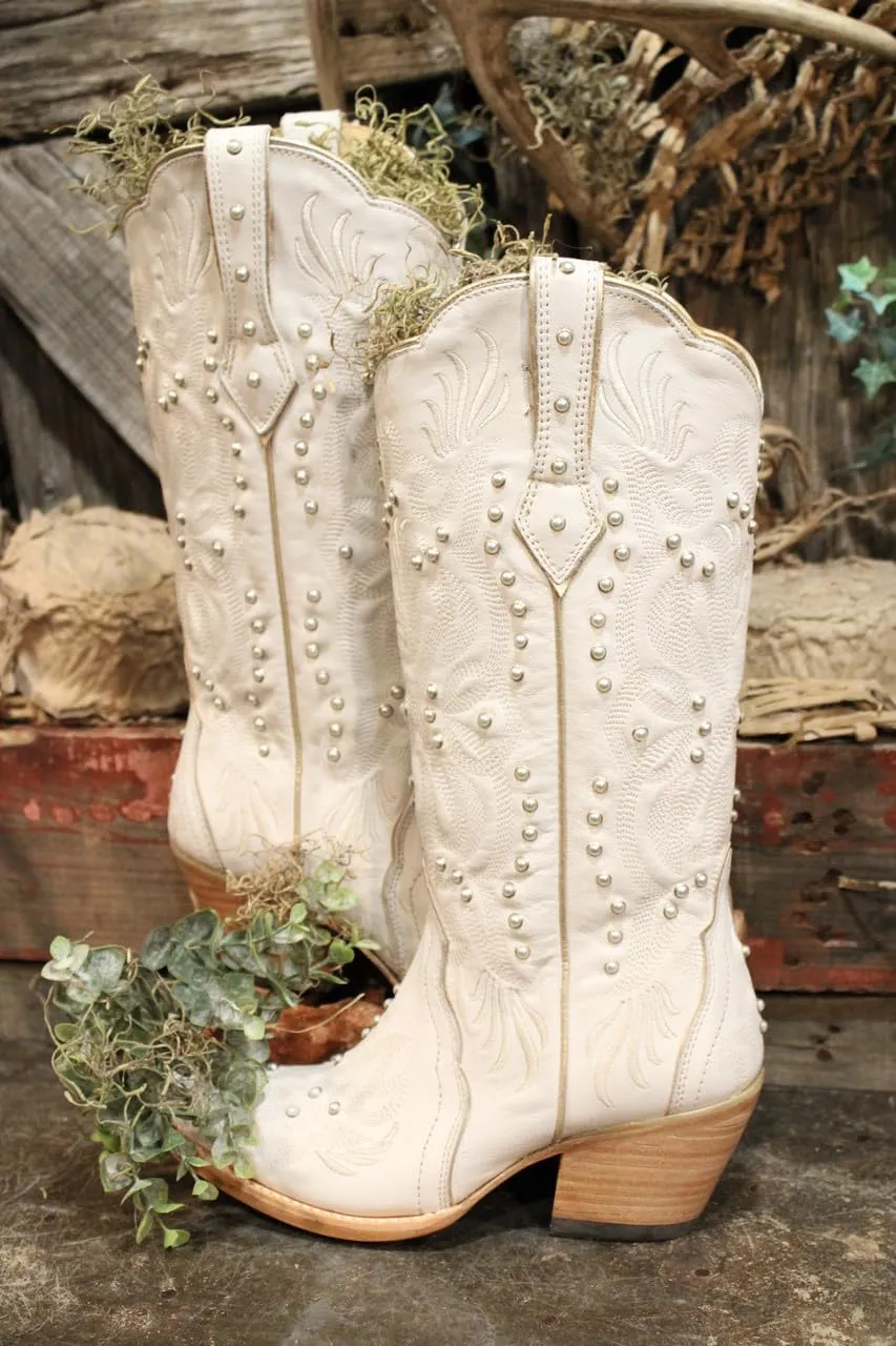 Goolita Pearl Cowboy Boots For Women Pointed Toe Stacked Chunky Heel Western Knee High Boots with Retro Embroidered Classic Slip On Wedding Cowgirl Boots
