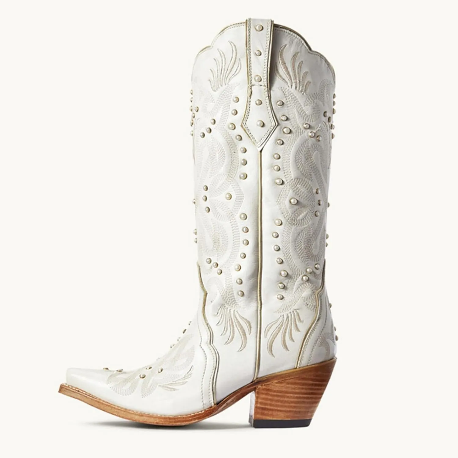 Goolita Pearl Cowboy Boots For Women Pointed Toe Stacked Chunky Heel Western Knee High Boots with Retro Embroidered Classic Slip On Wedding Cowgirl Boots