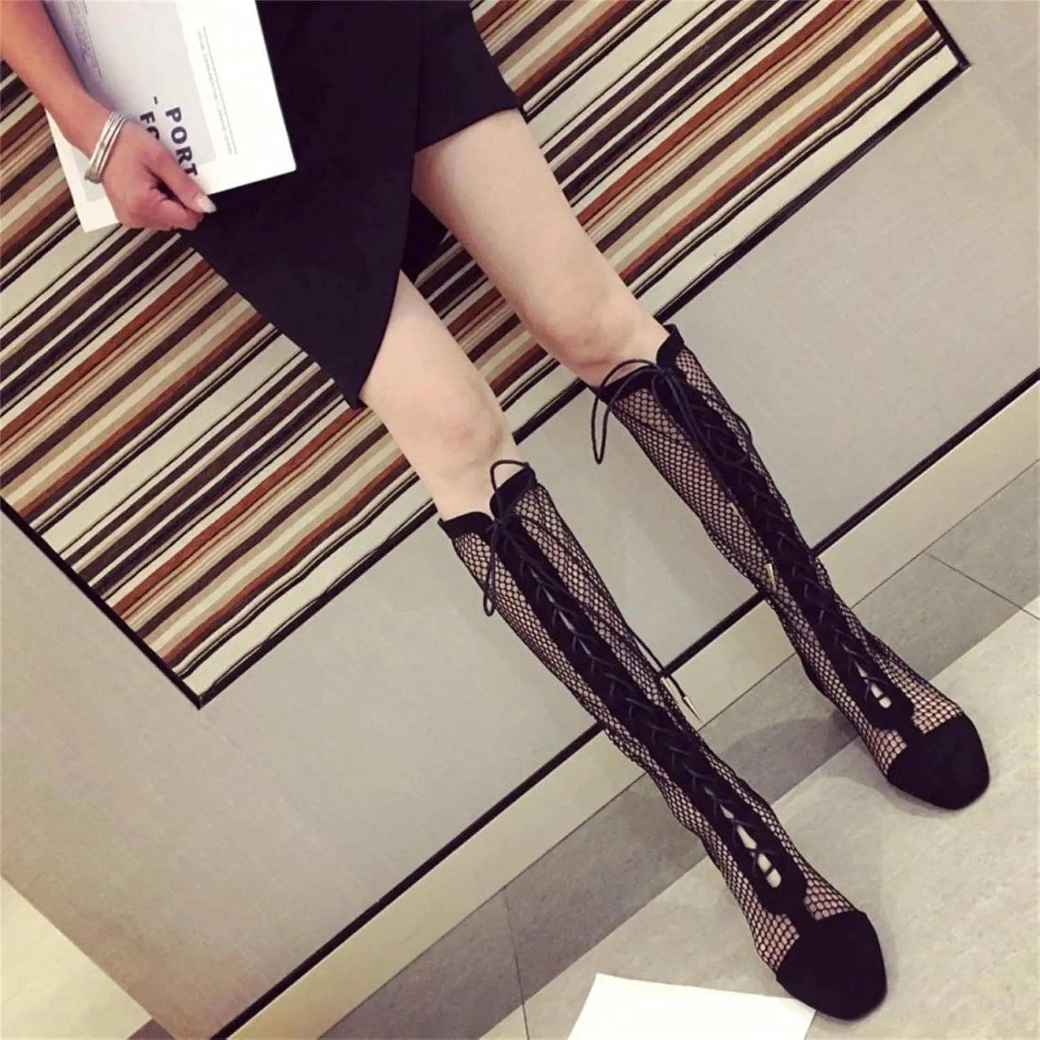 Goolita Square Toe Lace Up Mesh Gladiator Sandals For Women Knee High Summer Booties Back Zipper Block Low Heel Sandals Boots