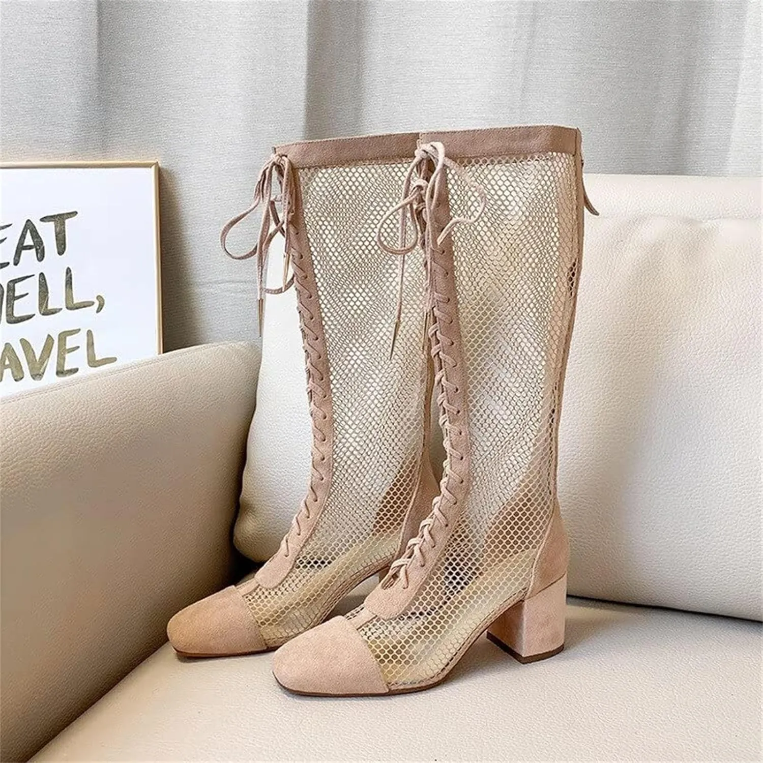 Goolita Square Toe Lace Up Mesh Gladiator Sandals For Women Knee High Summer Booties Back Zipper Block Low Heel Sandals Boots