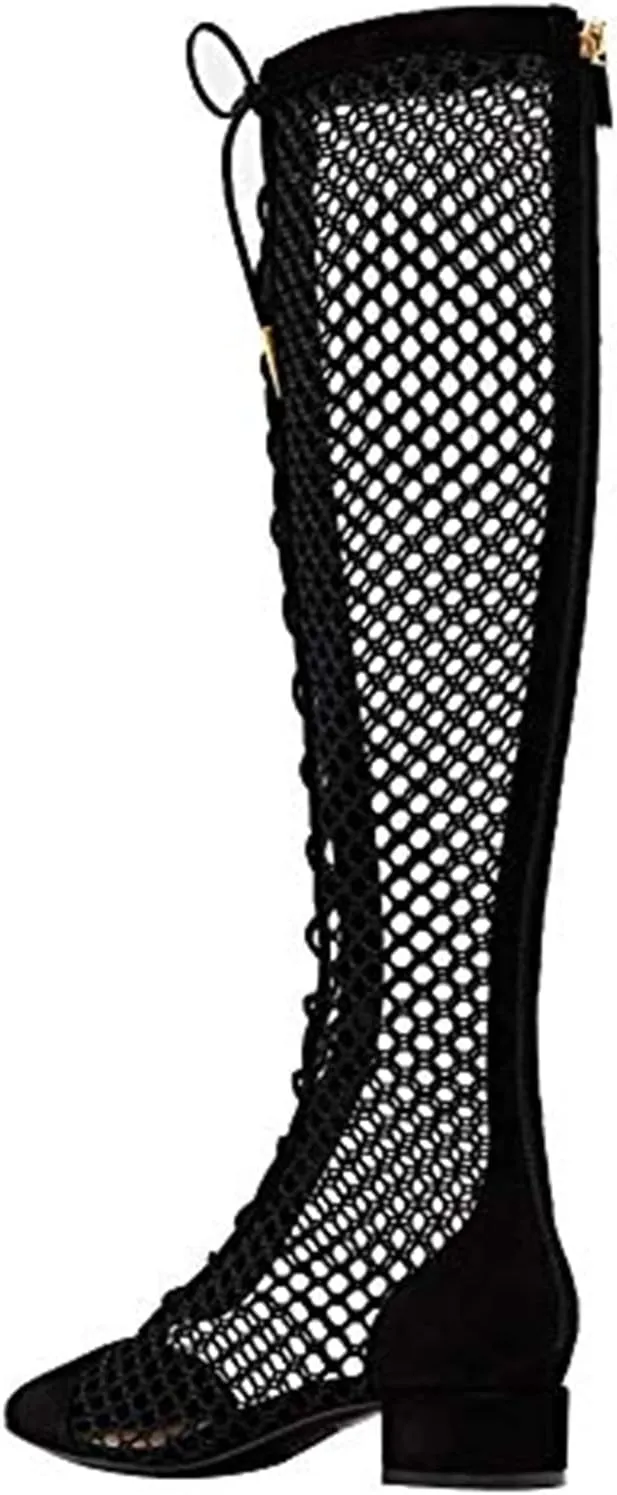 Goolita Square Toe Lace Up Mesh Gladiator Sandals For Women Knee High Summer Booties Back Zipper Block Low Heel Sandals Boots