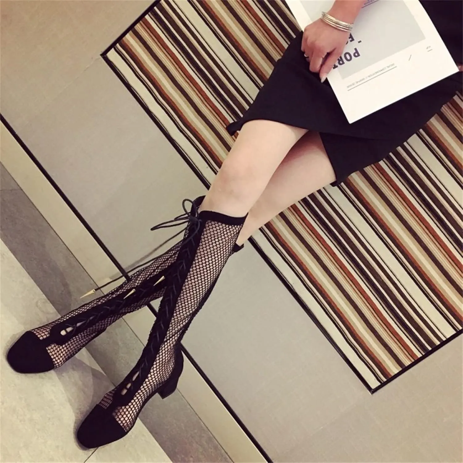 Goolita Square Toe Lace Up Mesh Gladiator Sandals For Women Knee High Summer Booties Back Zipper Block Low Heel Sandals Boots