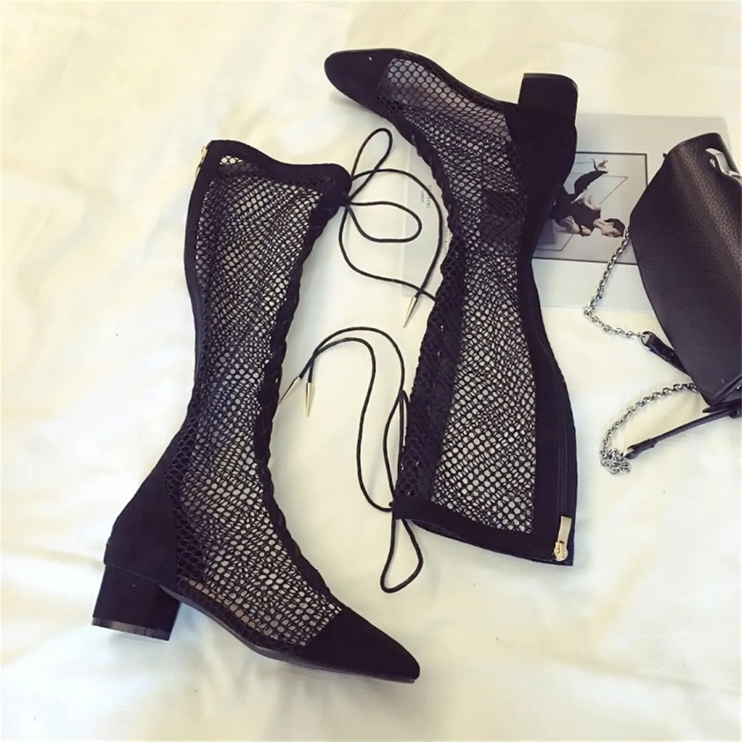 Goolita Square Toe Lace Up Mesh Gladiator Sandals For Women Knee High Summer Booties Back Zipper Block Low Heel Sandals Boots