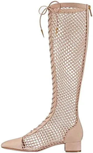 Goolita Square Toe Lace Up Mesh Gladiator Sandals For Women Knee High Summer Booties Back Zipper Block Low Heel Sandals Boots