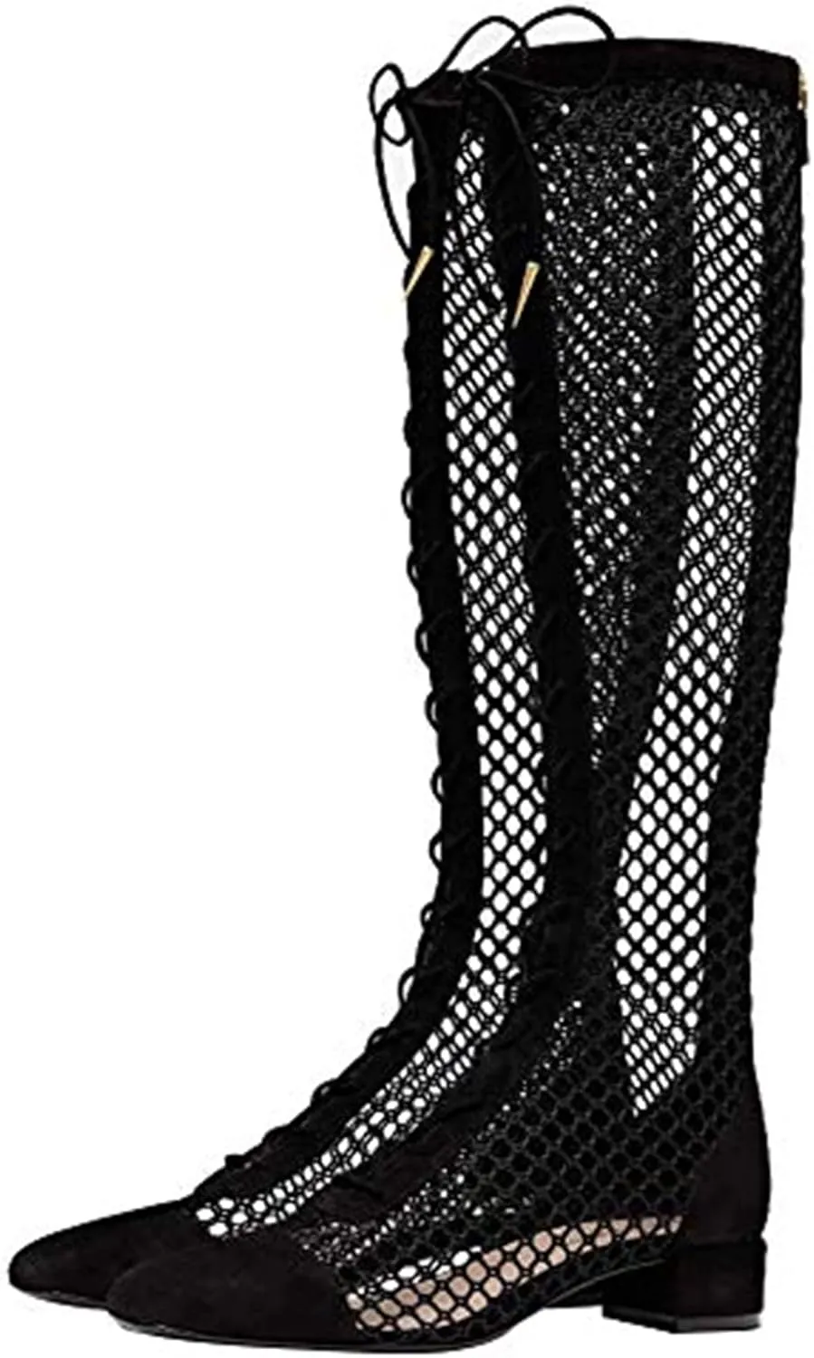 Goolita Square Toe Lace Up Mesh Gladiator Sandals For Women Knee High Summer Booties Back Zipper Block Low Heel Sandals Boots