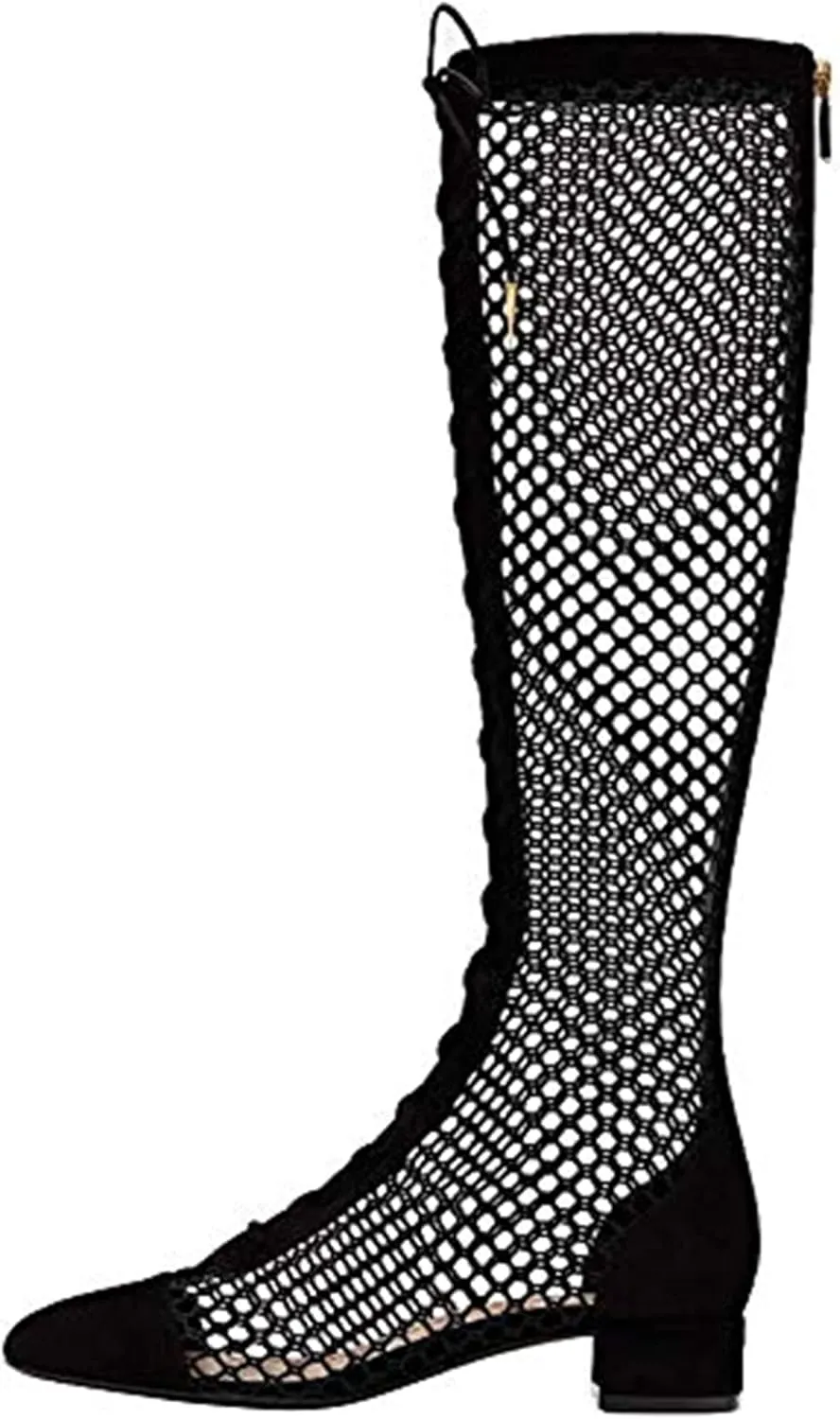 Goolita Square Toe Lace Up Mesh Gladiator Sandals For Women Knee High Summer Booties Back Zipper Block Low Heel Sandals Boots
