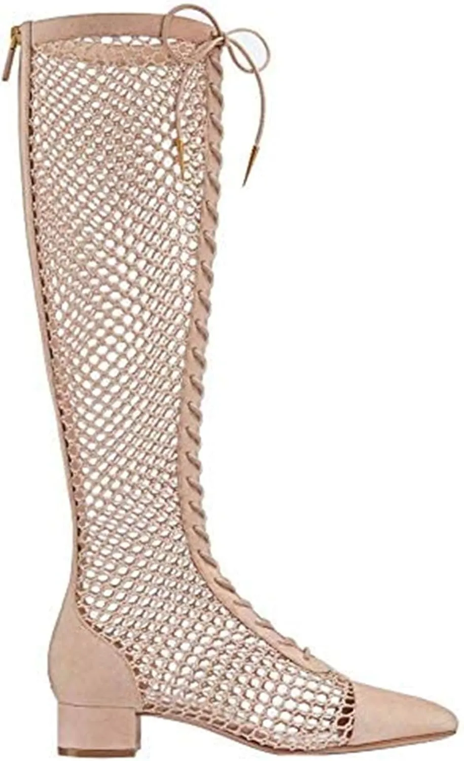 Goolita Square Toe Lace Up Mesh Gladiator Sandals For Women Knee High Summer Booties Back Zipper Block Low Heel Sandals Boots