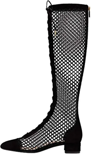 Goolita Square Toe Lace Up Mesh Gladiator Sandals For Women Knee High Summer Booties Back Zipper Block Low Heel Sandals Boots