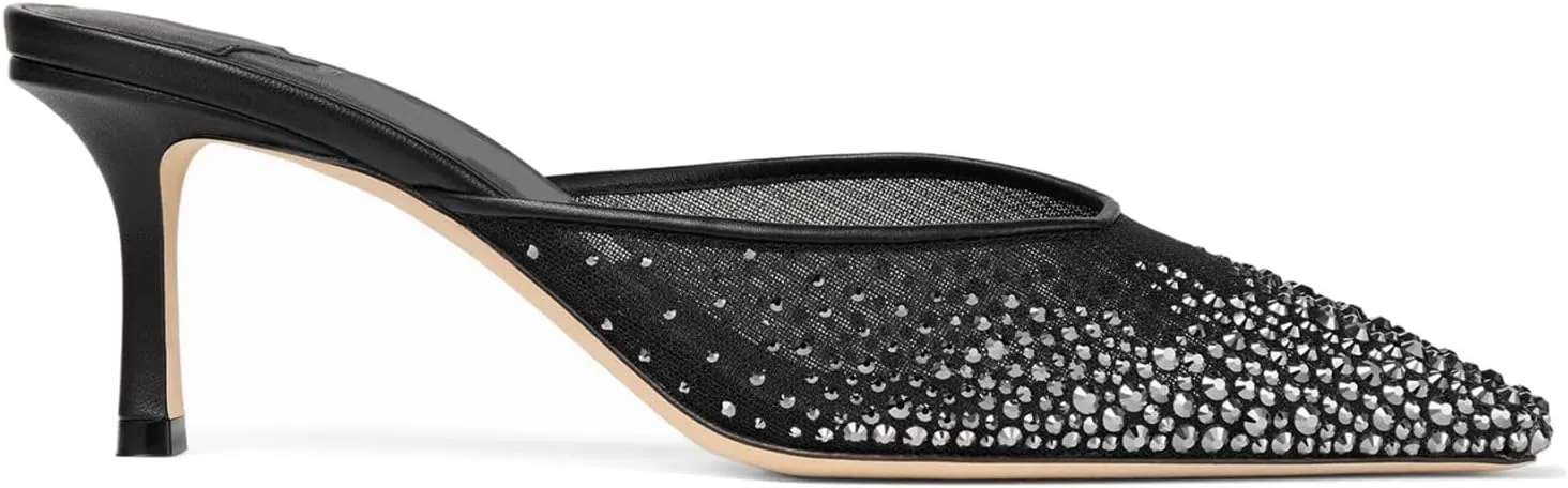 Goolita Summer Sparkly Crystal Mesh Mule Heels For Women, Closed Pointed Toe Stiletto Heels Sexy Backless Slip On Bridal Shoes for Wedding