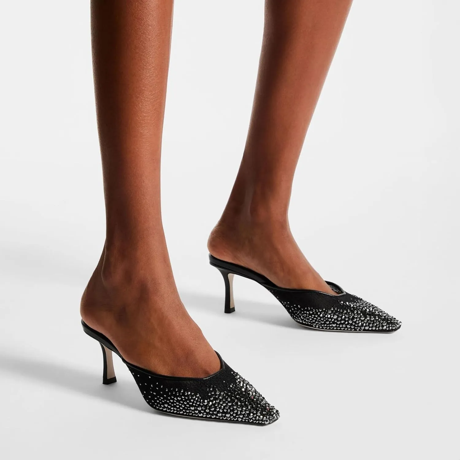 Goolita Summer Sparkly Crystal Mesh Mule Heels For Women, Closed Pointed Toe Stiletto Heels Sexy Backless Slip On Bridal Shoes for Wedding