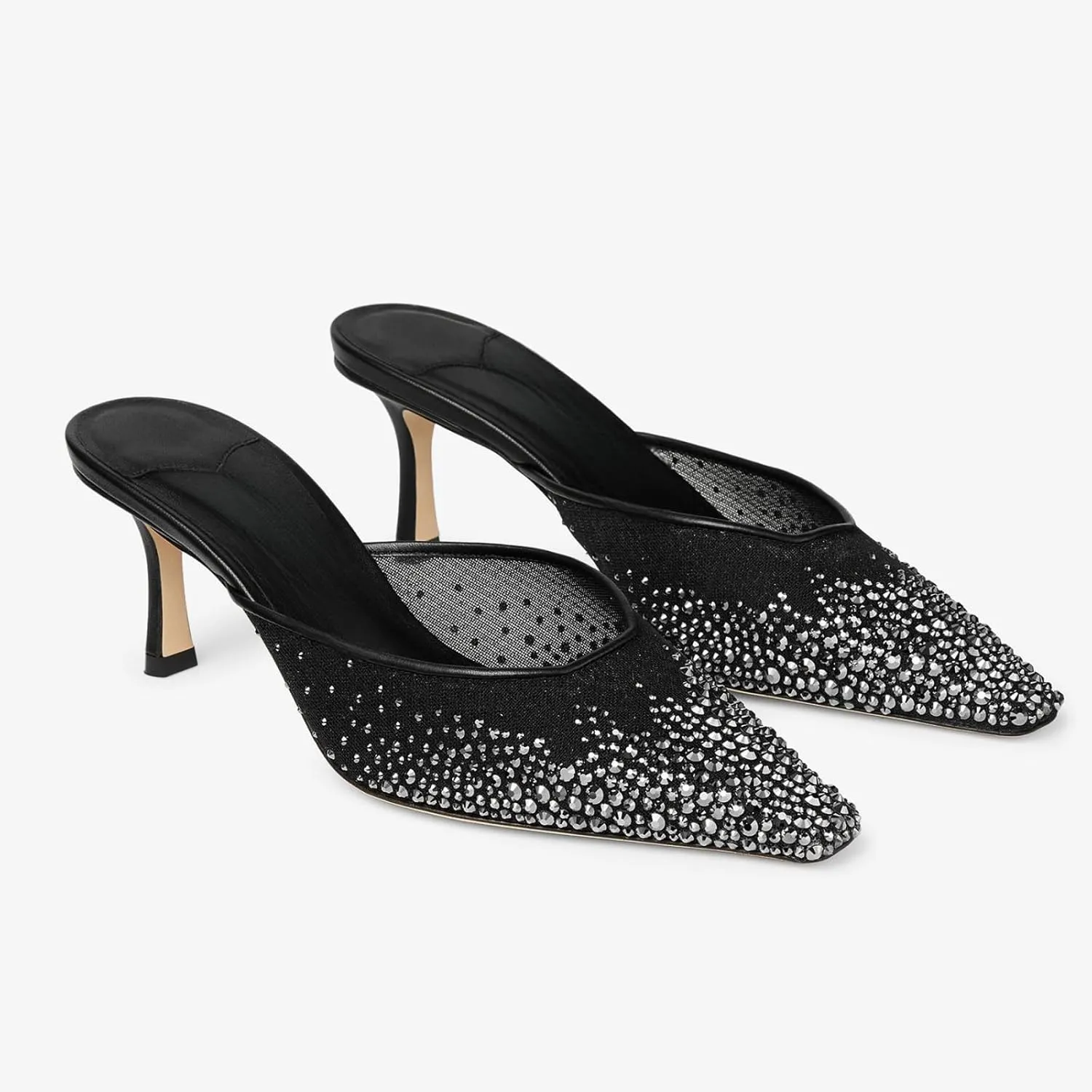 Goolita Summer Sparkly Crystal Mesh Mule Heels For Women, Closed Pointed Toe Stiletto Heels Sexy Backless Slip On Bridal Shoes for Wedding