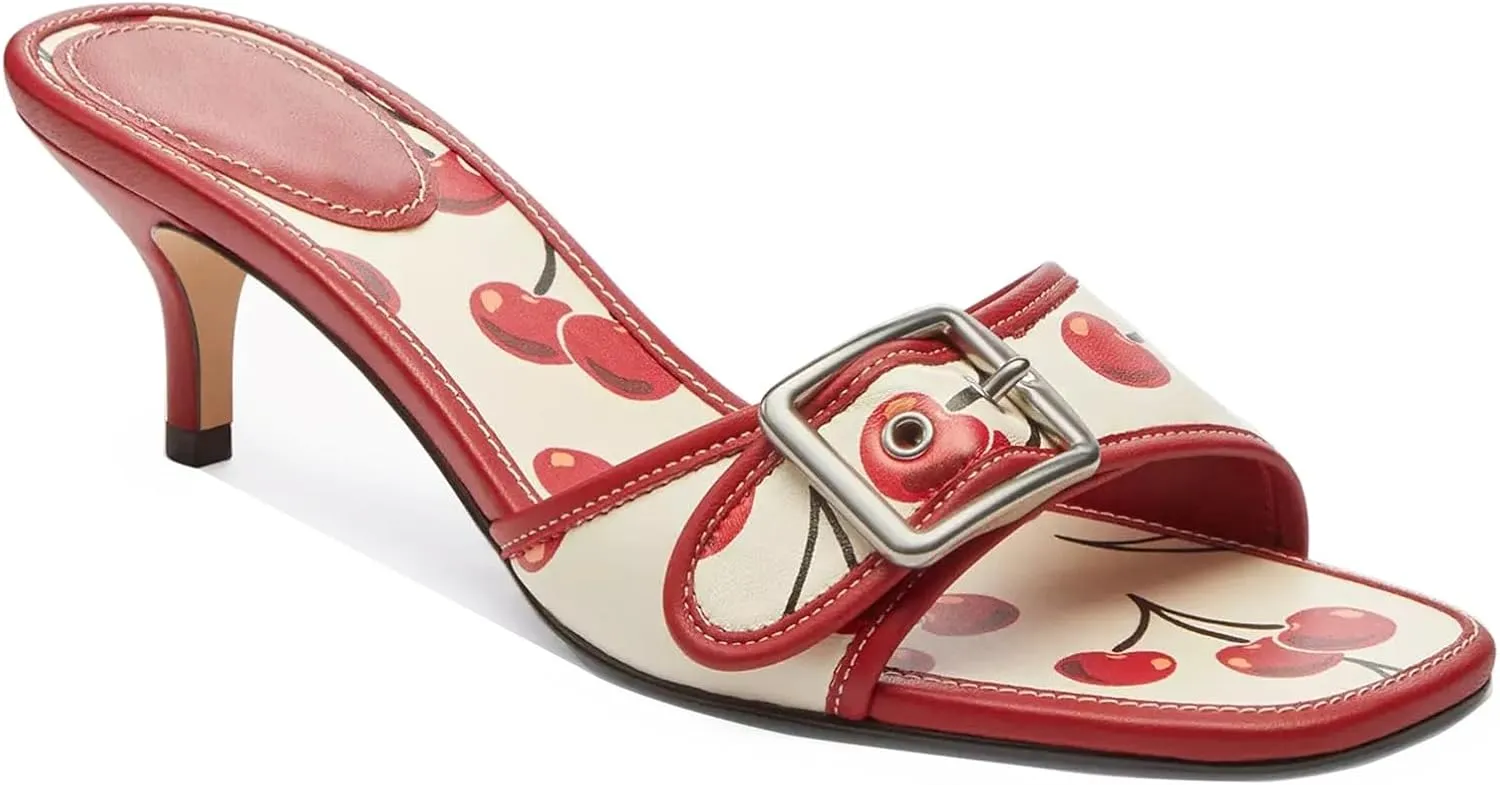 Goolita Women's Buckle Kitten Heels Open Square Toe Slip on Slide Heeled Sandals Comfort Office Dressy Mules Heels