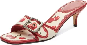 Goolita Women's Buckle Kitten Heels Open Square Toe Slip on Slide Heeled Sandals Comfort Office Dressy Mules Heels
