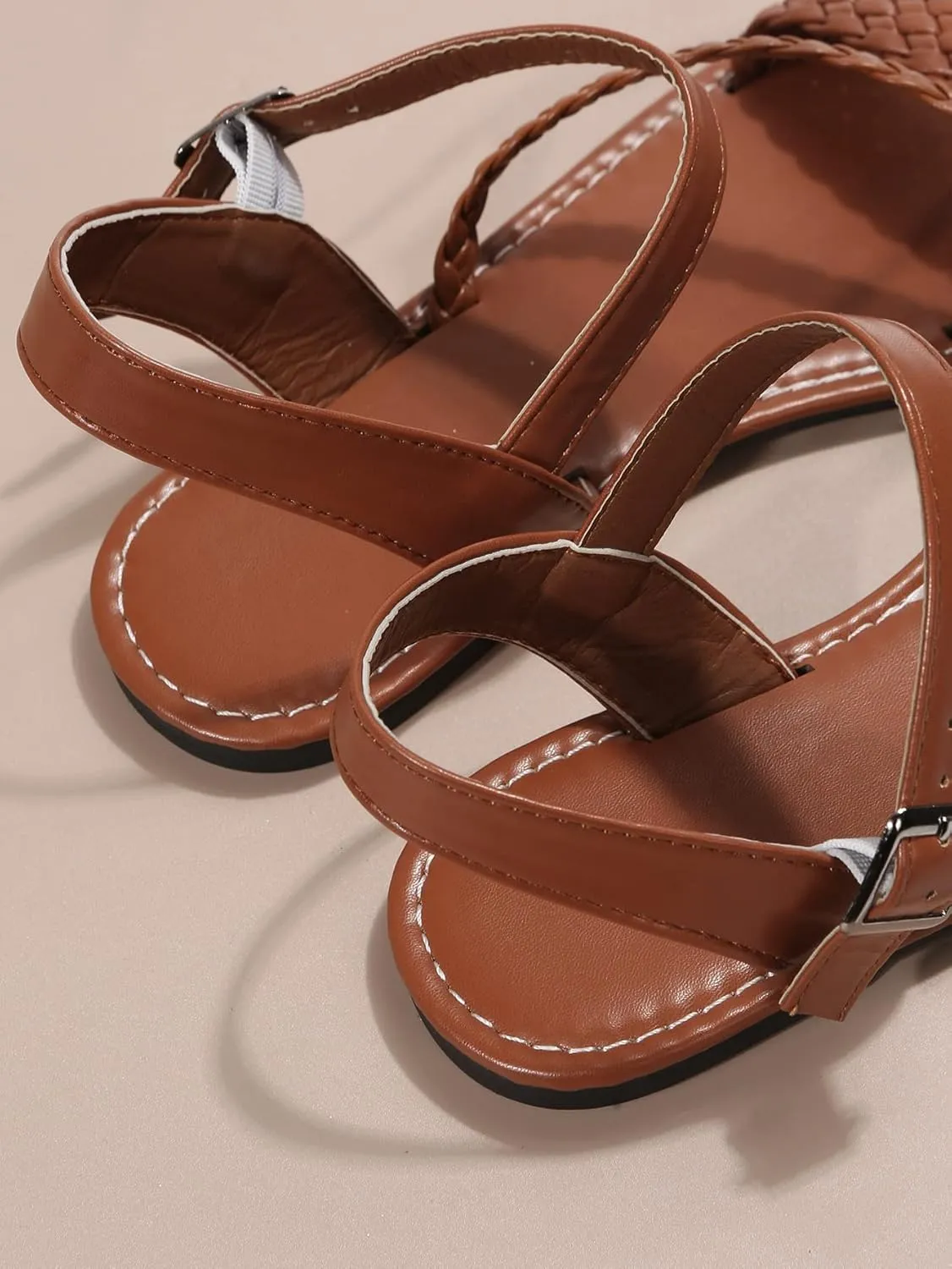 GORGLITTER Women's Braided Strappy Flat Sandals Ankle Strap Open Toe Dressy Slides Shoes