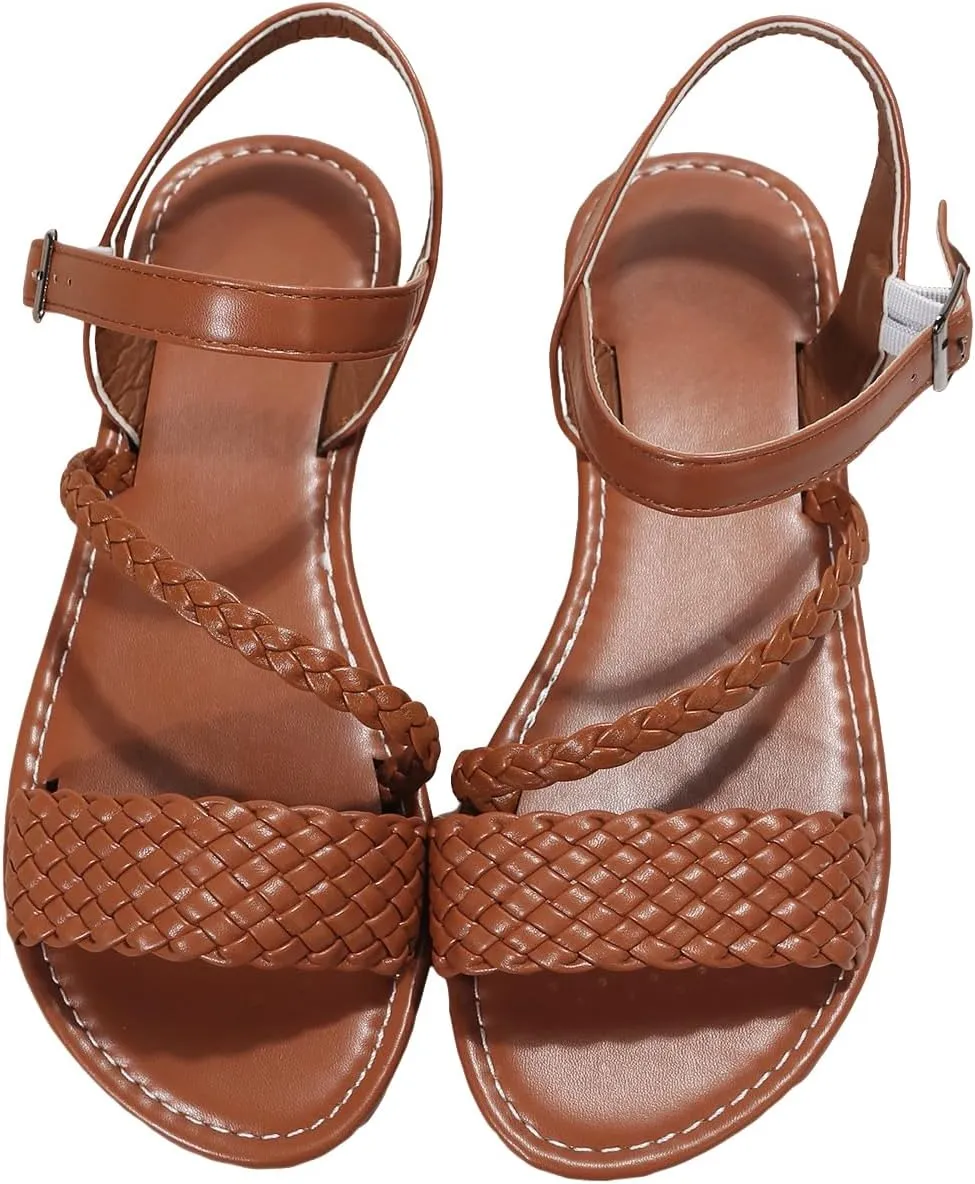 GORGLITTER Women's Braided Strappy Flat Sandals Ankle Strap Open Toe Dressy Slides Shoes