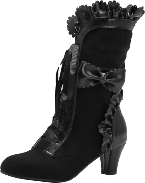 Gothic Boots for Women Halloween Womens Mid Calf Boots Gothic Chunky Heel Lace Up Mesh Vintage Round Toe Knight Boots