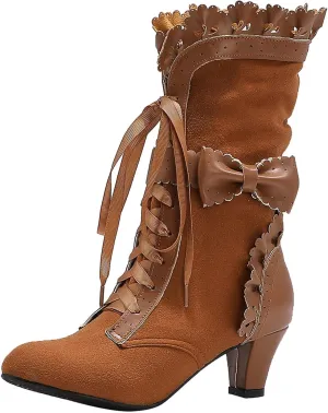 Gothic Boots for Women Halloween Womens Mid Calf Boots Gothic Chunky Heel Lace Up Mesh Vintage Round Toe Knight Boots