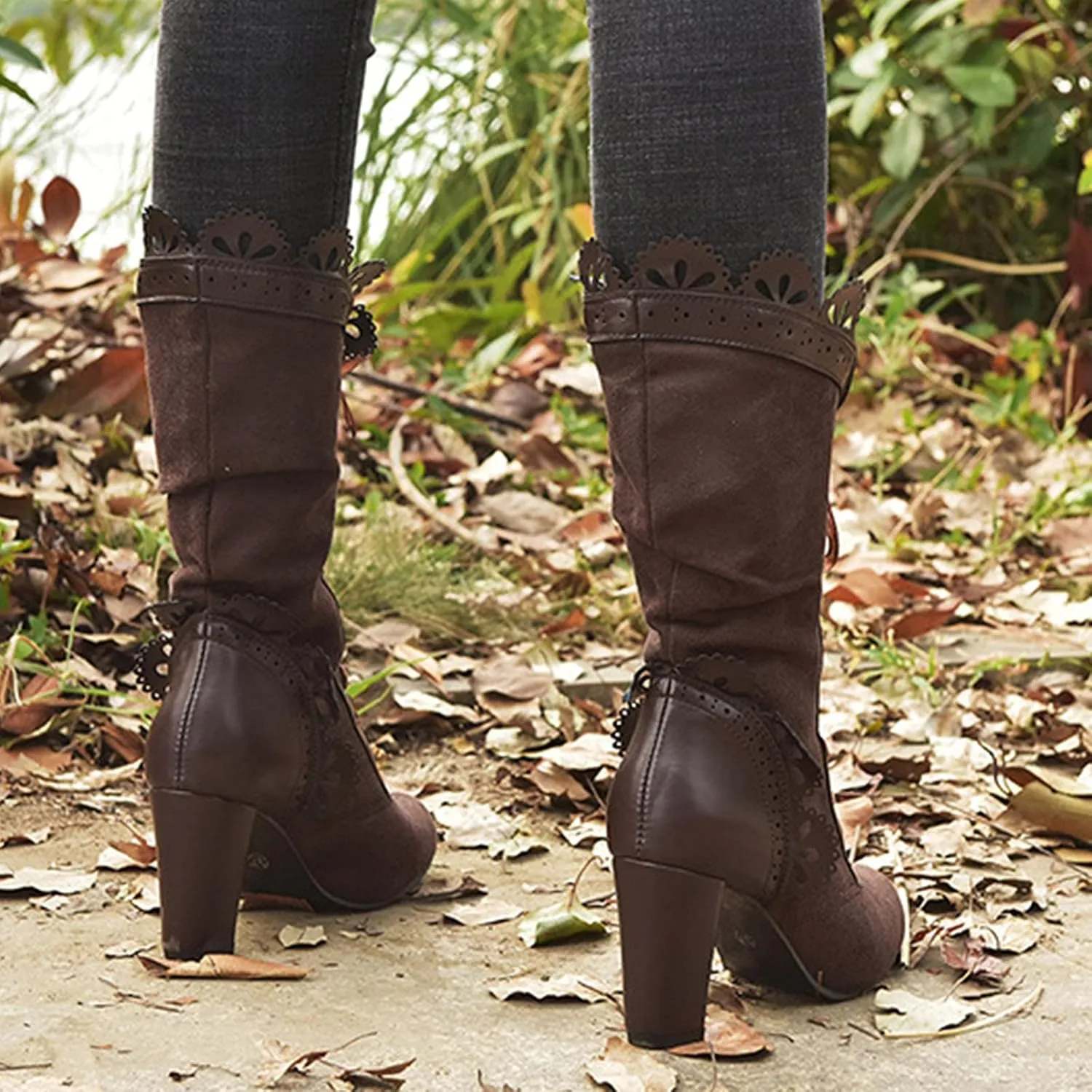 Gothic Boots for Women Halloween Womens Mid Calf Boots Gothic Chunky Heel Lace Up Mesh Vintage Round Toe Knight Boots