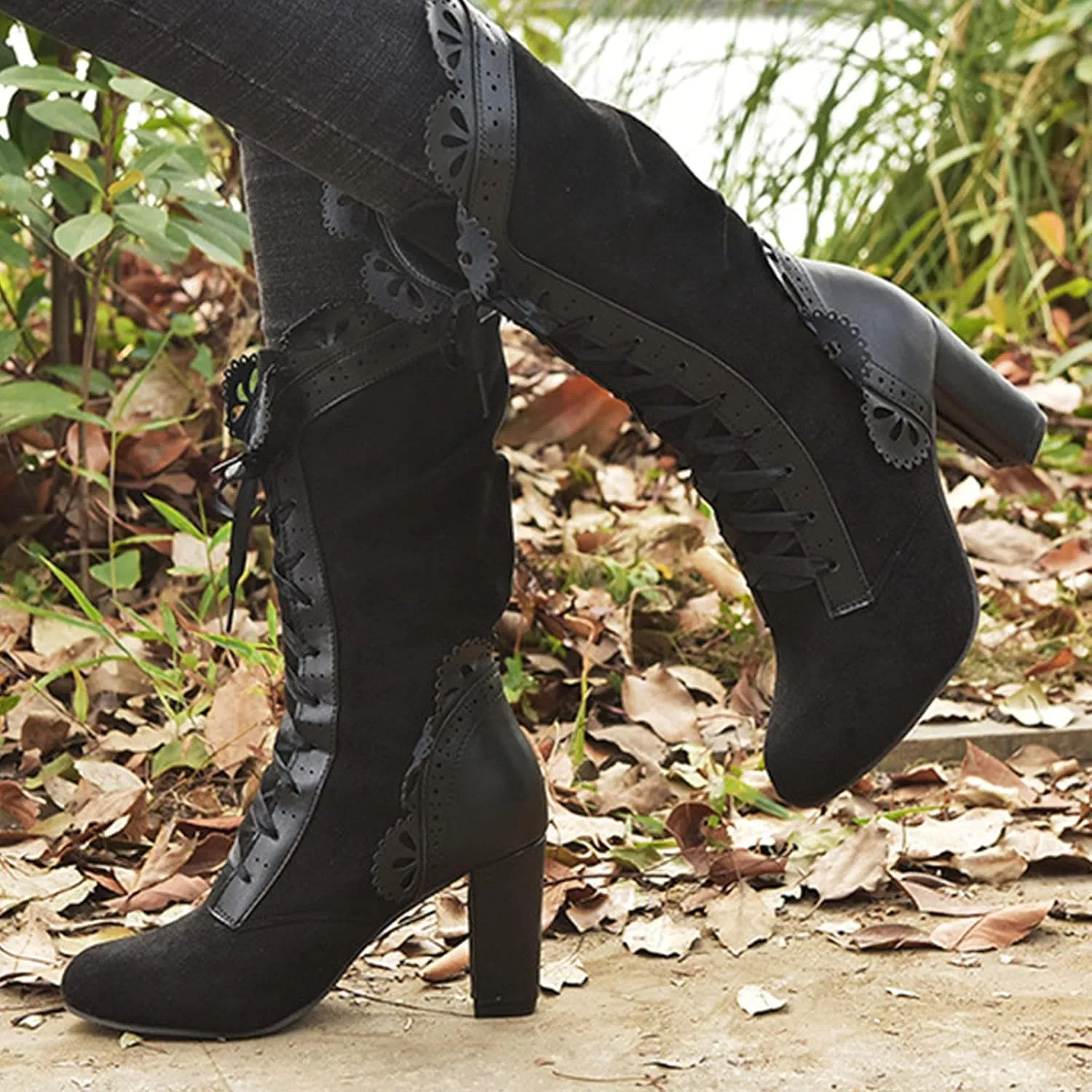 Gothic Boots for Women Halloween Womens Mid Calf Boots Gothic Chunky Heel Lace Up Mesh Vintage Round Toe Knight Boots