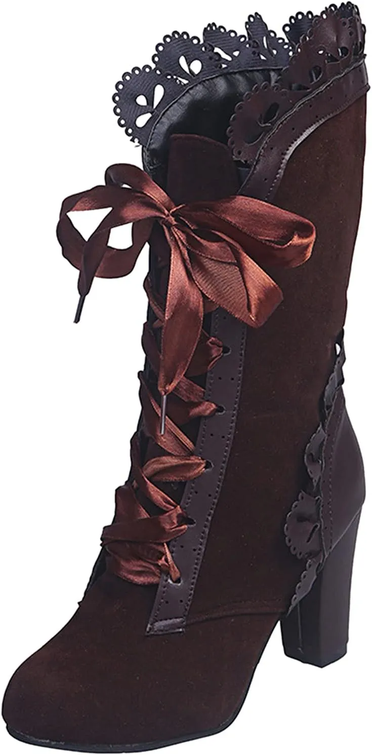 Gothic Boots for Women Halloween Womens Mid Calf Boots Gothic Chunky Heel Lace Up Mesh Vintage Round Toe Knight Boots