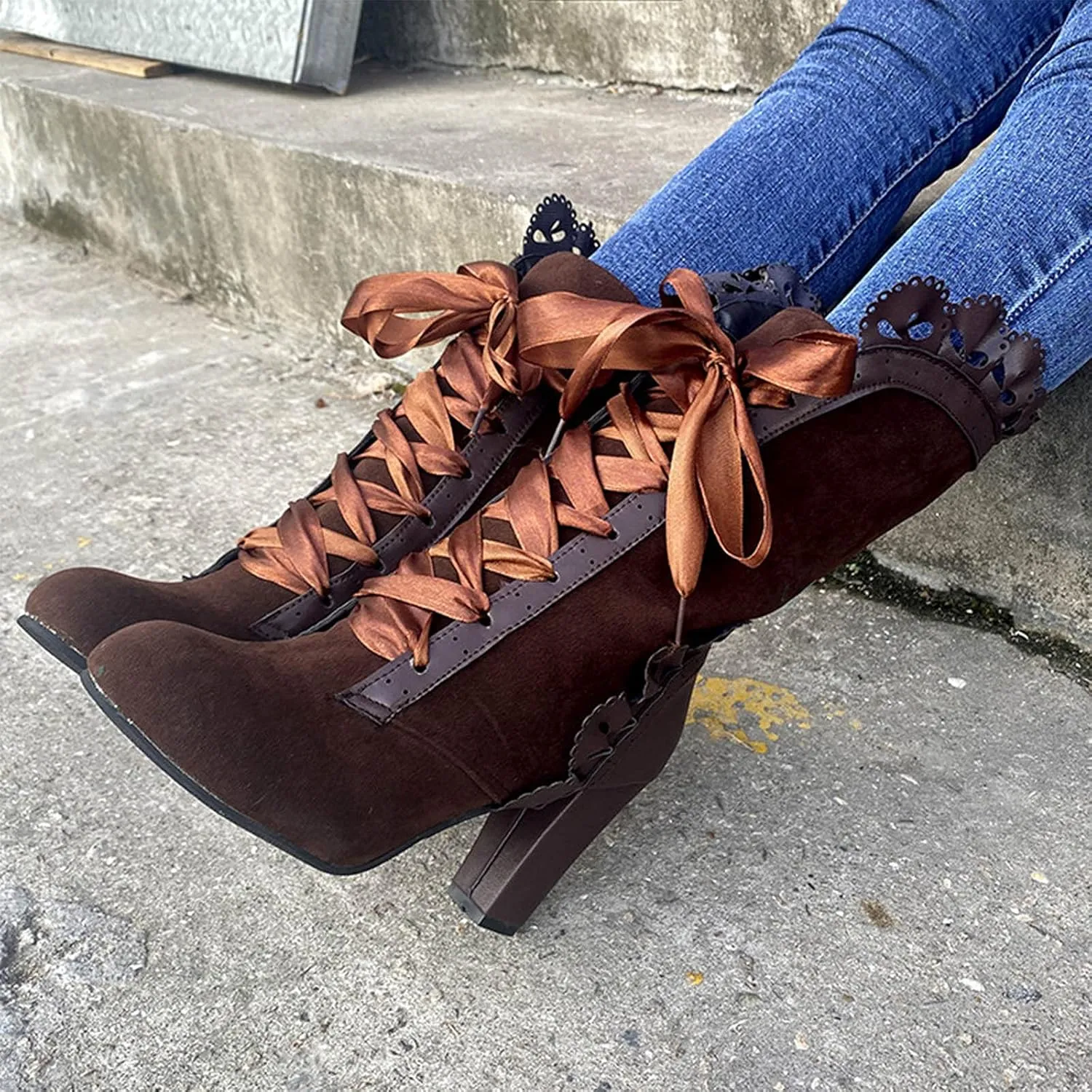 Gothic Boots for Women Halloween Womens Mid Calf Boots Gothic Chunky Heel Lace Up Mesh Vintage Round Toe Knight Boots