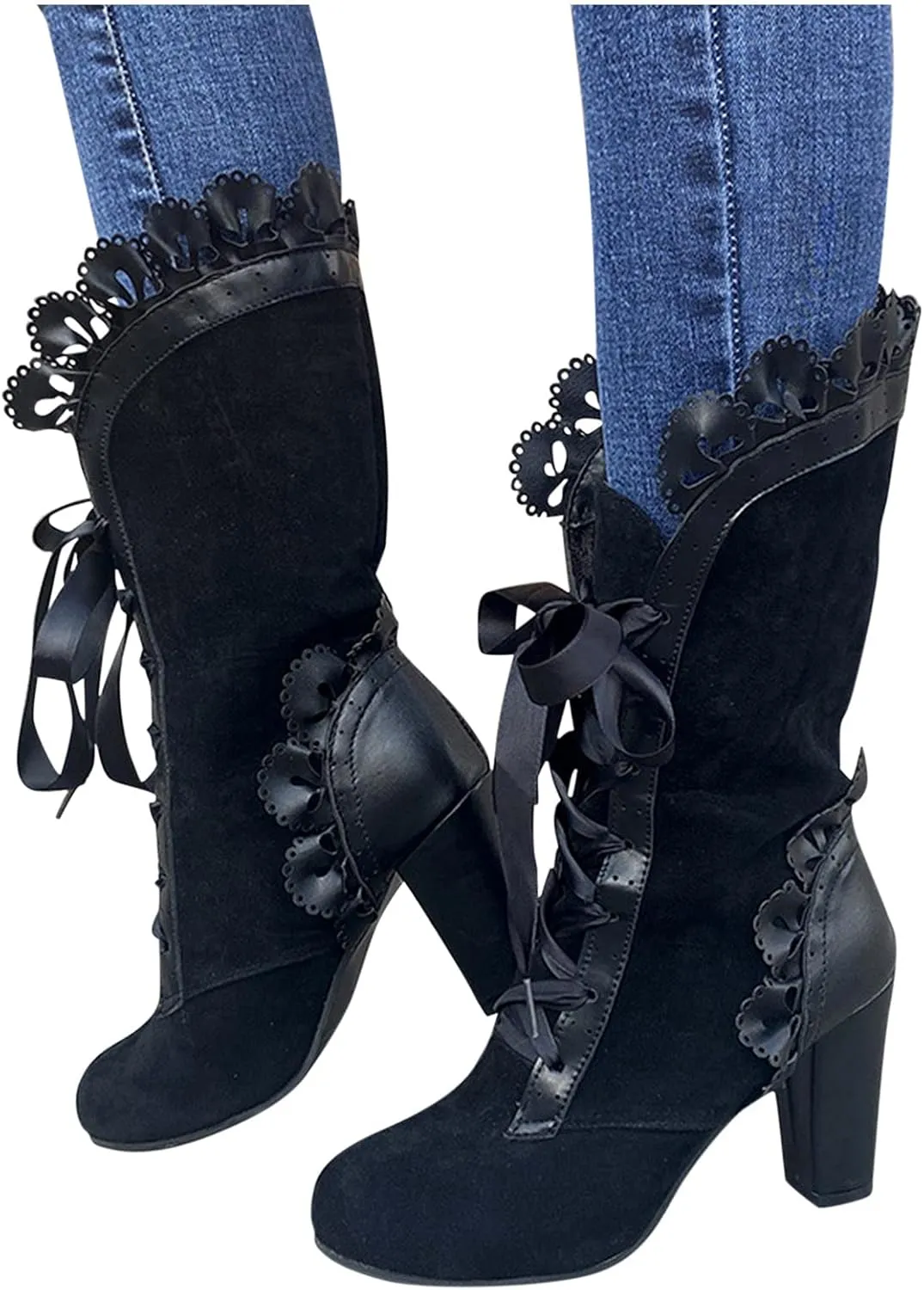 Gothic Boots for Women Halloween Womens Mid Calf Boots Gothic Chunky Heel Lace Up Mesh Vintage Round Toe Knight Boots