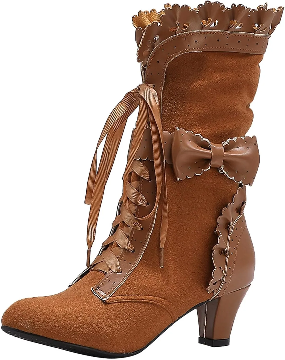 Gothic Boots for Women Halloween Womens Mid Calf Boots Gothic Chunky Heel Lace Up Mesh Vintage Round Toe Knight Boots