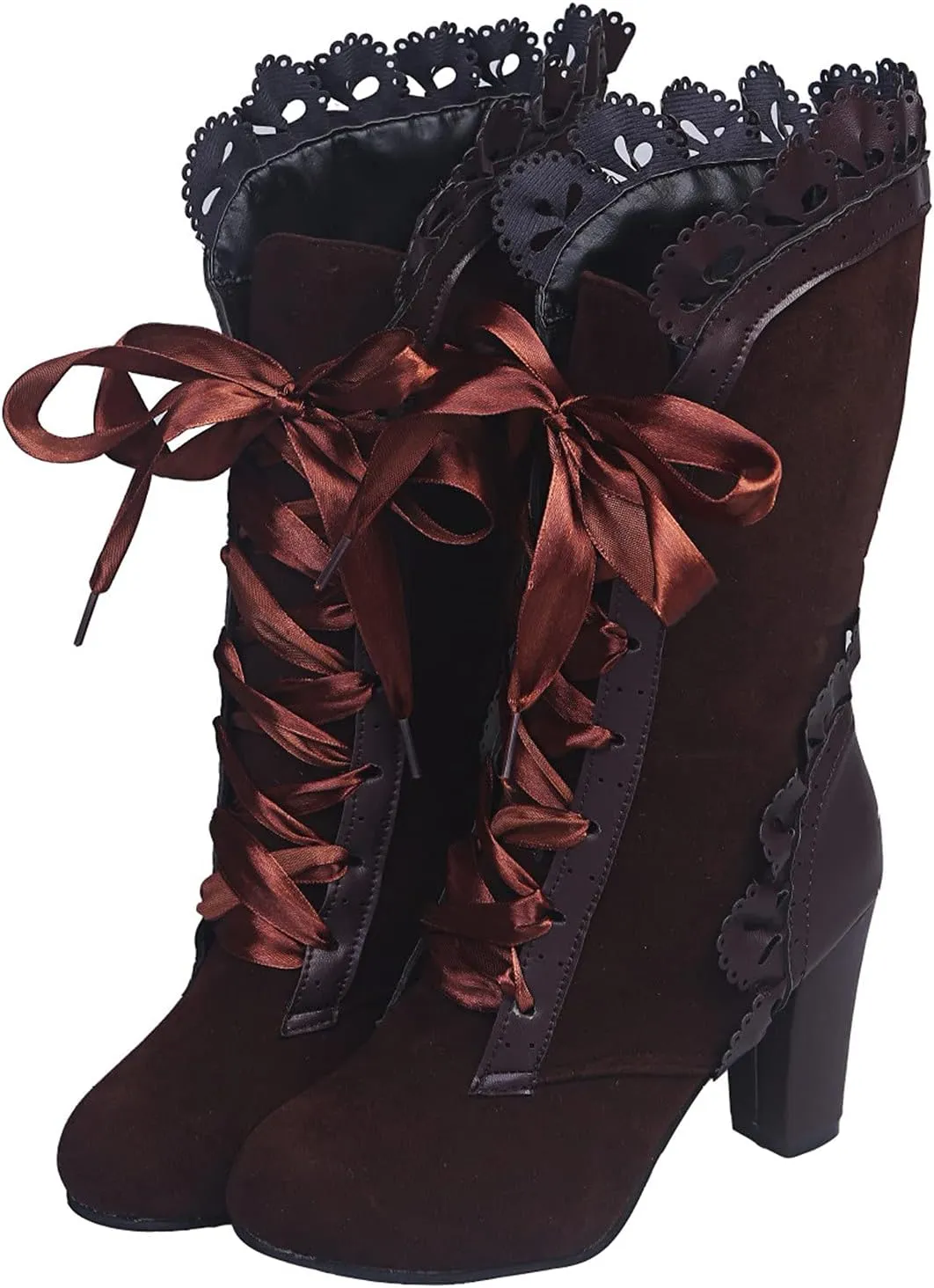 Gothic Boots for Women Halloween Womens Mid Calf Boots Gothic Chunky Heel Lace Up Mesh Vintage Round Toe Knight Boots