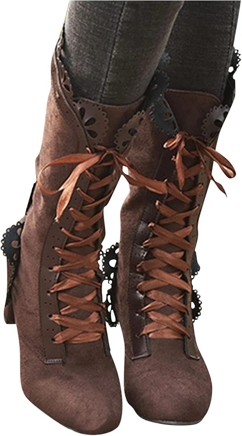 Gothic Boots for Women Halloween Womens Mid Calf Boots Gothic Chunky Heel Lace Up Mesh Vintage Round Toe Knight Boots