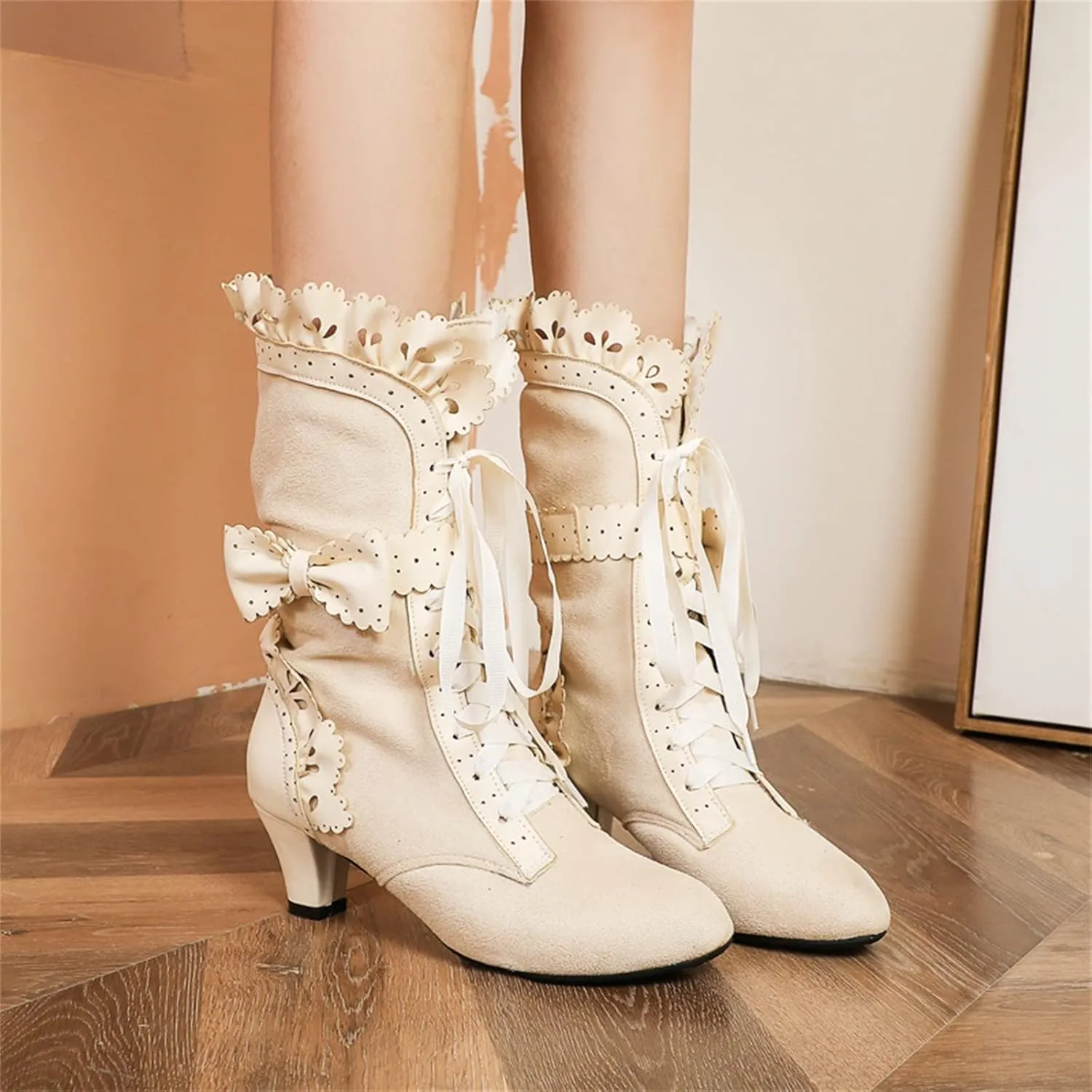 Gothic Boots for Women Halloween Womens Mid Calf Boots Gothic Chunky Heel Lace Up Mesh Vintage Round Toe Knight Boots