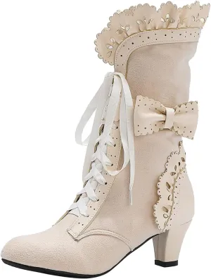 Gothic Boots for Women Halloween Womens Mid Calf Boots Gothic Chunky Heel Lace Up Mesh Vintage Round Toe Knight Boots