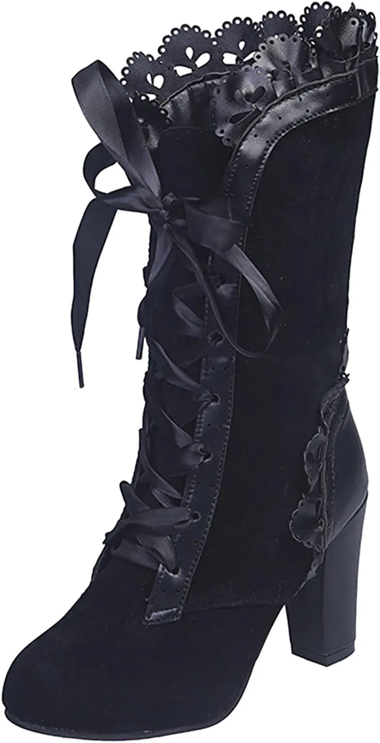 Gothic Boots for Women Halloween Womens Mid Calf Boots Gothic Chunky Heel Lace Up Mesh Vintage Round Toe Knight Boots