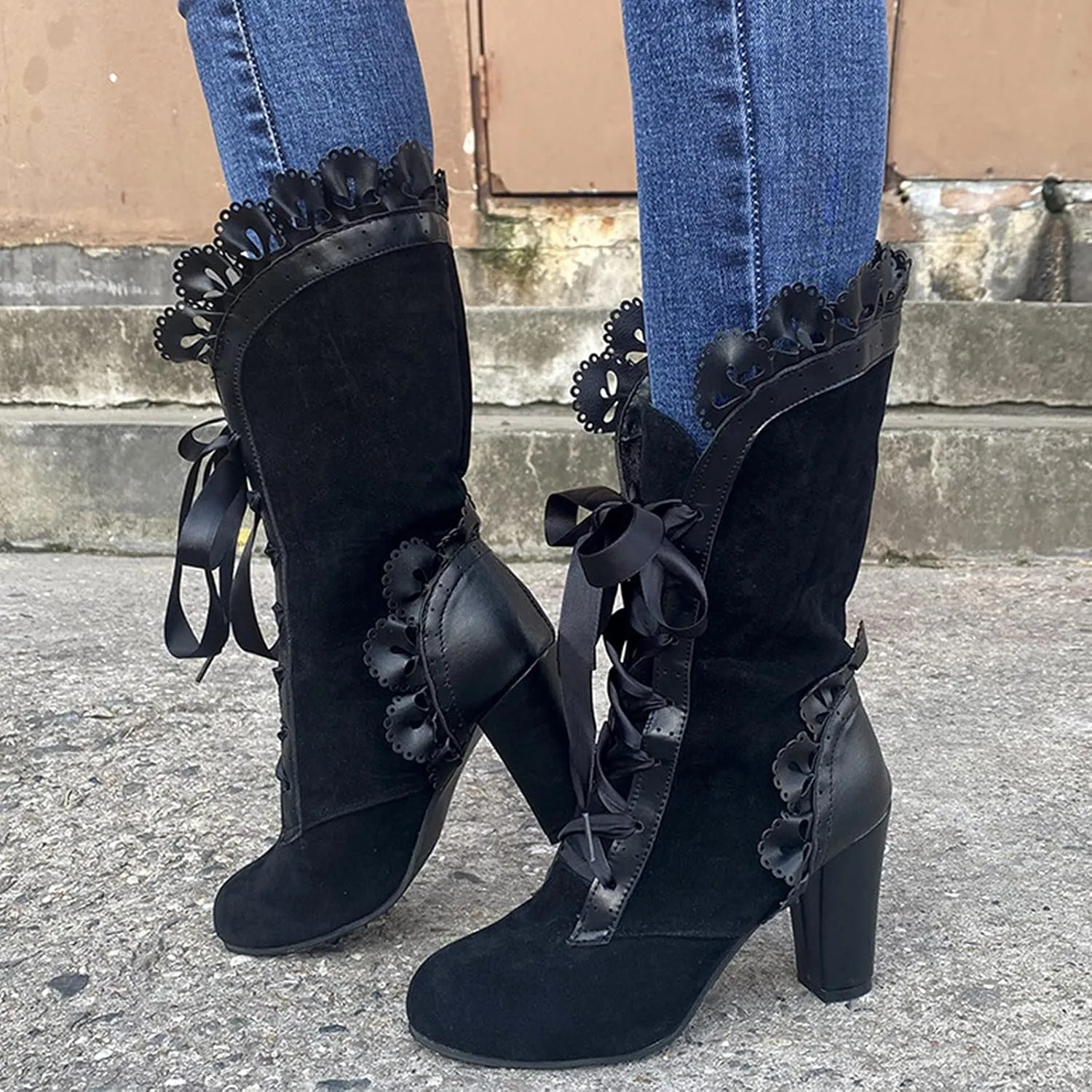 Gothic Boots for Women Halloween Womens Mid Calf Boots Gothic Chunky Heel Lace Up Mesh Vintage Round Toe Knight Boots