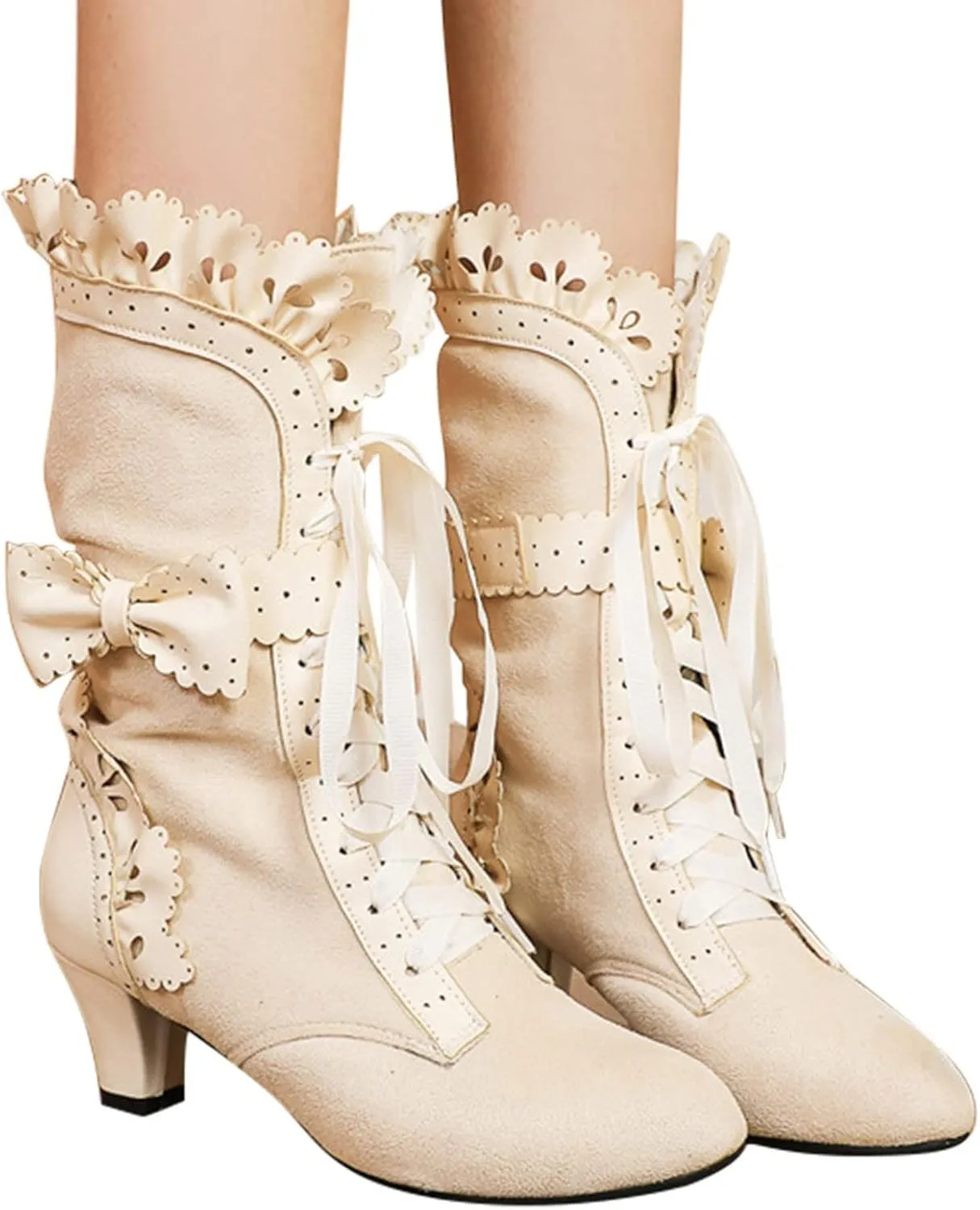 Gothic Boots for Women Halloween Womens Mid Calf Boots Gothic Chunky Heel Lace Up Mesh Vintage Round Toe Knight Boots