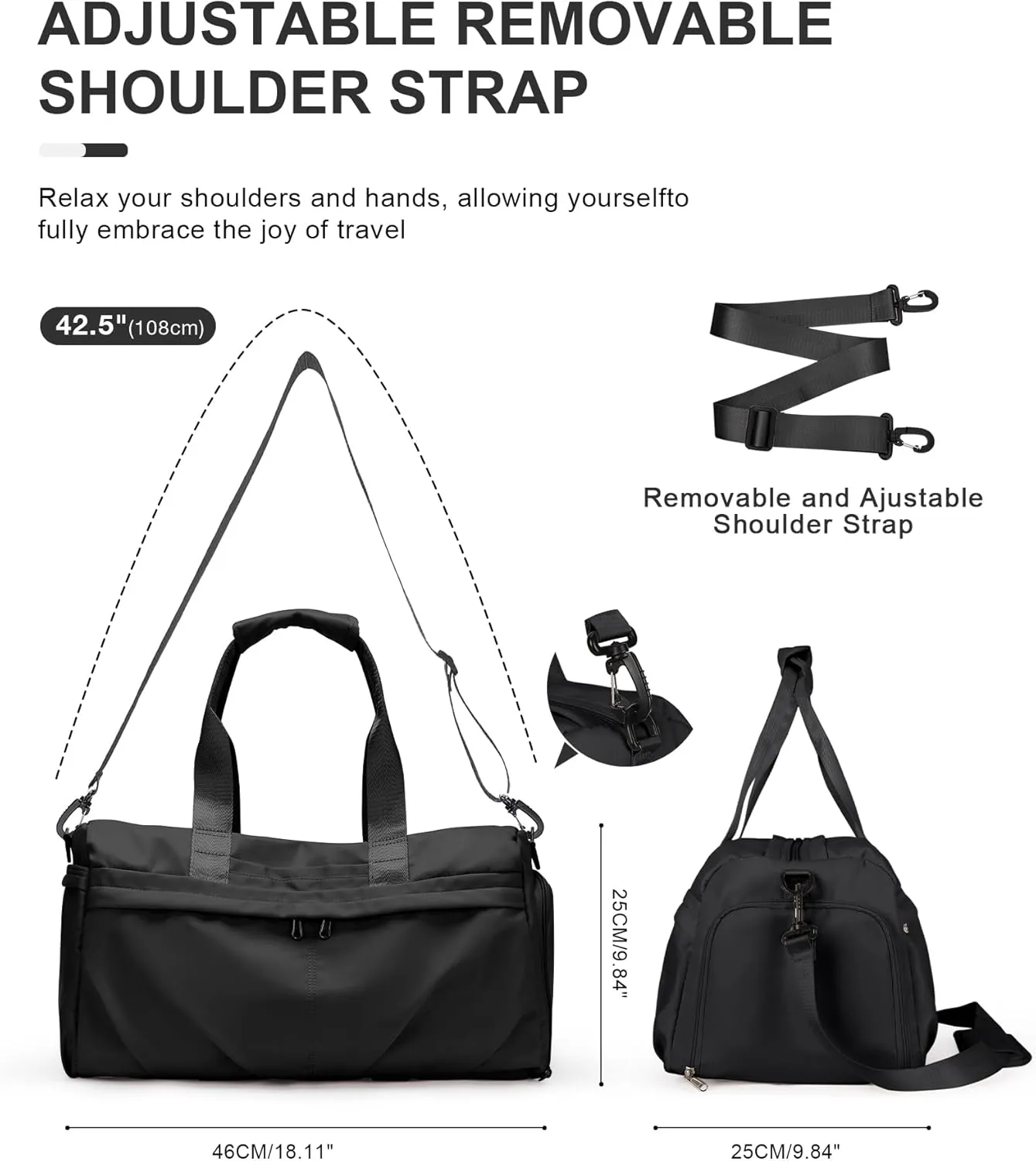 Gym Bag for Women Men with Shoe Compartment, Sport Duffel Bag, Waterproof Travel Weekender Overnight Carry on Bag for Yoga with Trolley Sleeve, Black