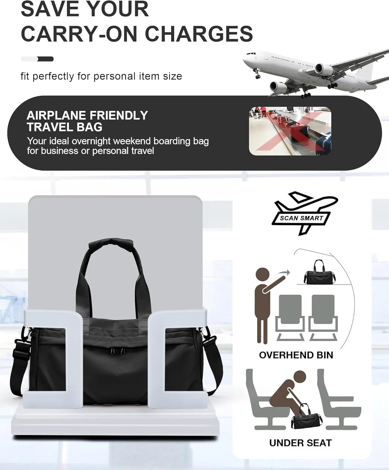 Gym Bag for Women Men with Shoe Compartment, Sport Duffel Bag, Waterproof Travel Weekender Overnight Carry on Bag for Yoga with Trolley Sleeve, Black