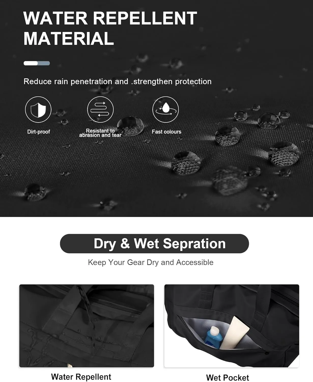 Gym Bag for Women Men with Shoe Compartment, Sport Duffel Bag, Waterproof Travel Weekender Overnight Carry on Bag for Yoga with Trolley Sleeve, Black
