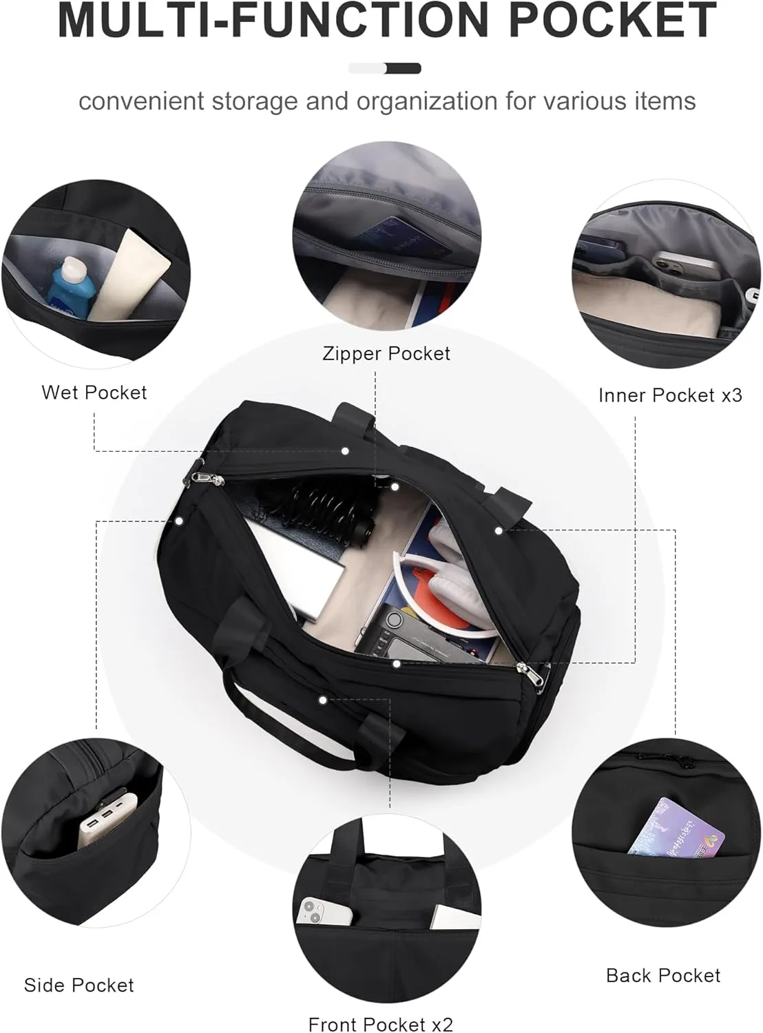 Gym Bag for Women Men with Shoe Compartment, Sport Duffel Bag, Waterproof Travel Weekender Overnight Carry on Bag for Yoga with Trolley Sleeve, Black