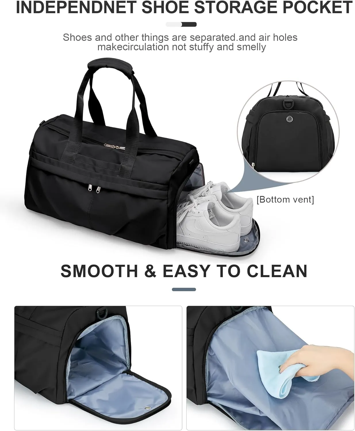 Gym Bag for Women Men with Shoe Compartment, Sport Duffel Bag, Waterproof Travel Weekender Overnight Carry on Bag for Yoga with Trolley Sleeve, Black